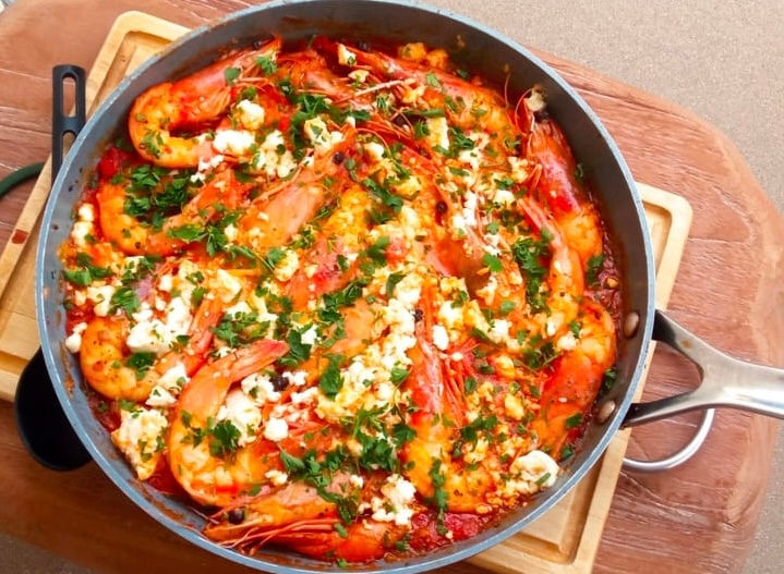 Shrimp saganaki with tomato and feta